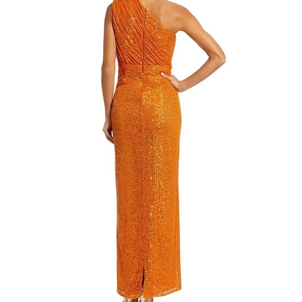 Ieena for Mac Duggal Sequined Ruched One Shoulder Gown - Orange - Picture 2 of 8
